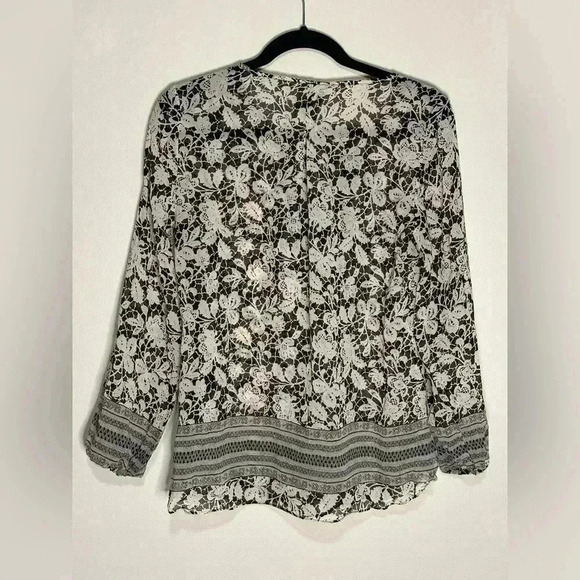 Sundance Womens Size Small Black/Beige Floral Silk Long Sleeve Boho Top - Picture 2 of 9